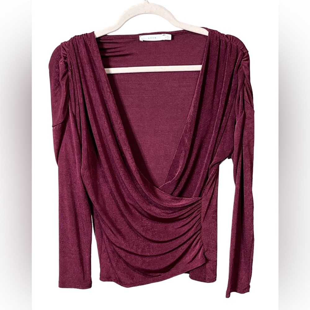 Lush shimmer wine colored faux wrap top size small with ruched detail